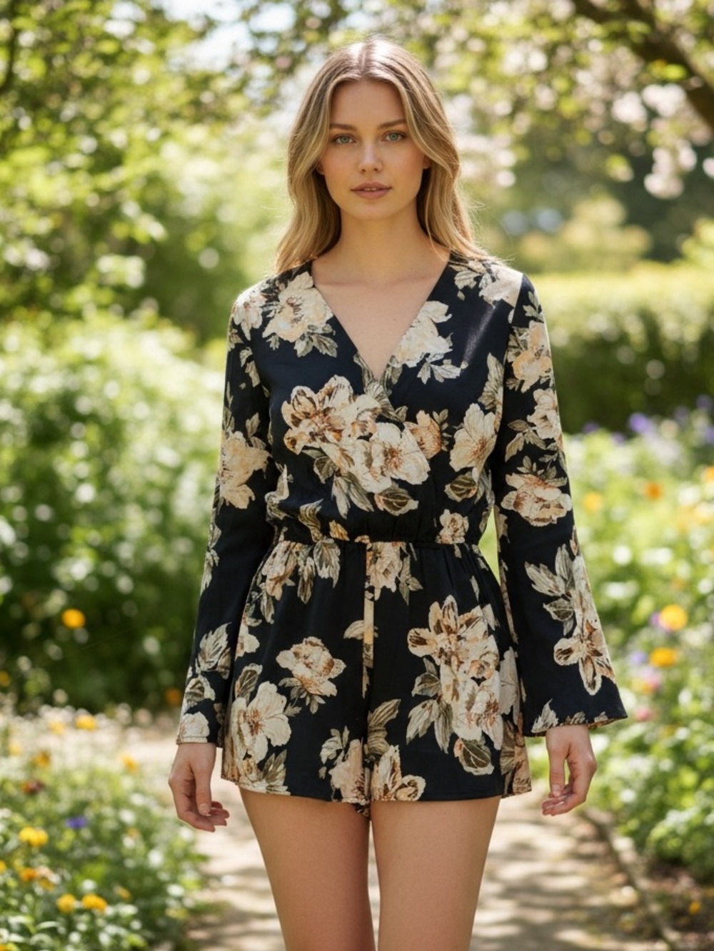 LULUS Women’s Small Black Tan Floral Romper